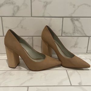 Suede Point toe heel with faux-wood heel